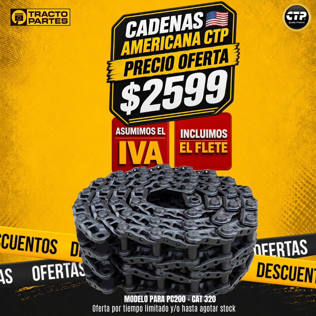 Cadenas Americana CTP a precio de oferta $2599 — asumimos el IVA e incluimos el flete. Modelo para PC200 - CAT 320. Oferta por tiempo limitado y/o hasta agotar stock.