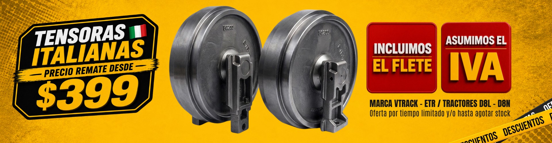 Tensoras Italianas VTrack-ETR a precio remate desde $399 — asumimos el IVA e incluimos el flete. Marca VTrack-ETR para tractores D8L - D8N. Oferta por tiempo limitado y/o hasta agotar stock.